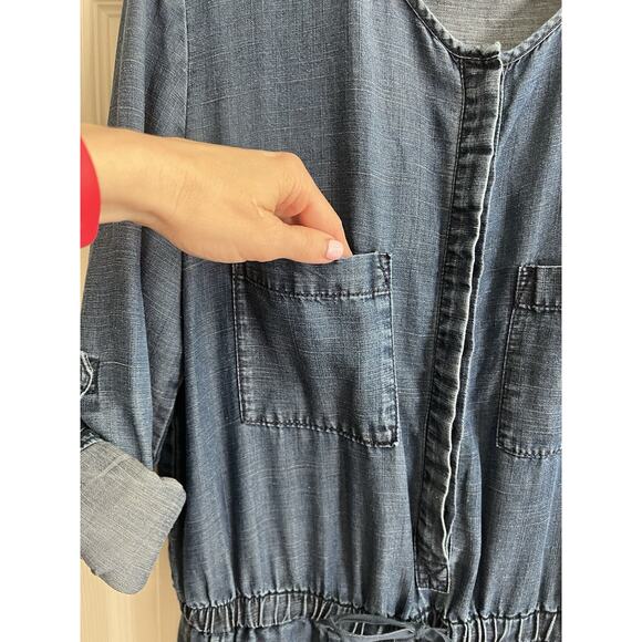 ANN TAYLOR LOFT Linen Blend Drawstring Waist Roll Tab Sleeve Denim Jumpsuit - Picture 5 of 14